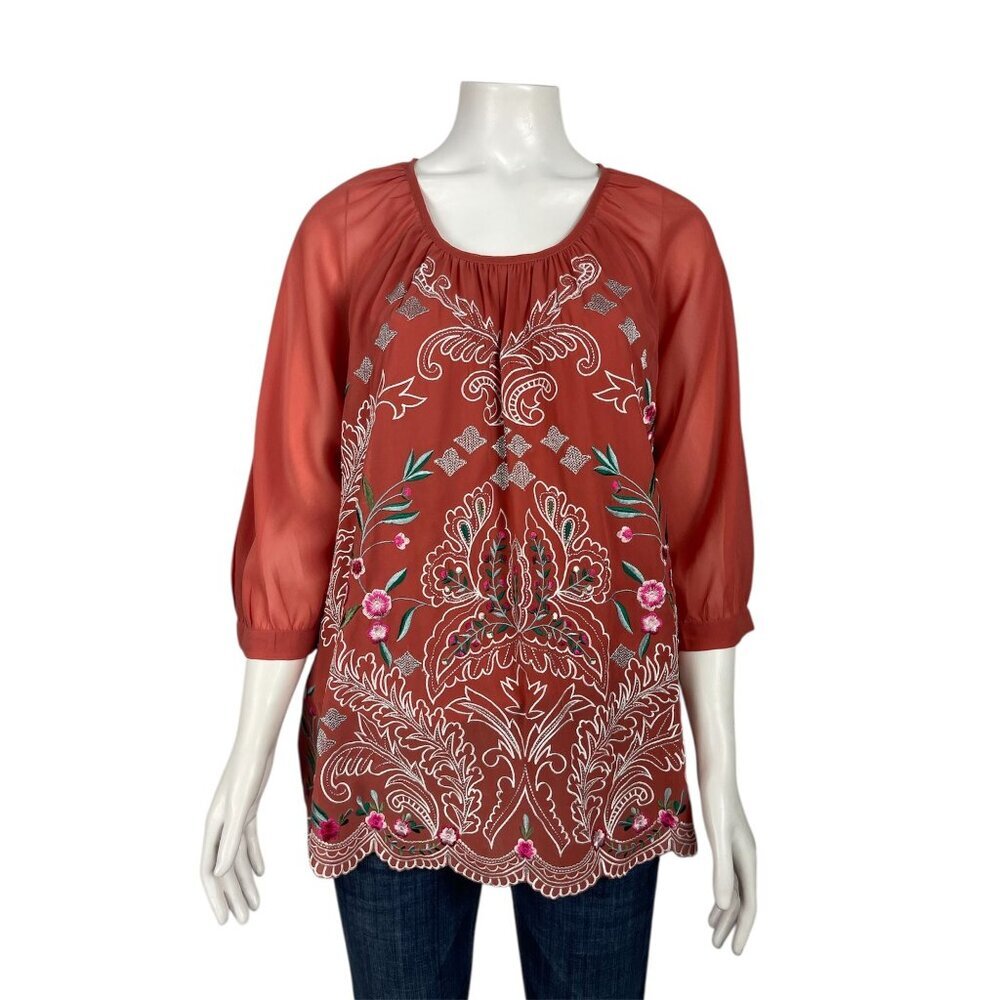 Soft Surroundings Sunrise Canyon Bella Top Petite XL PXL New Embroidered Orange